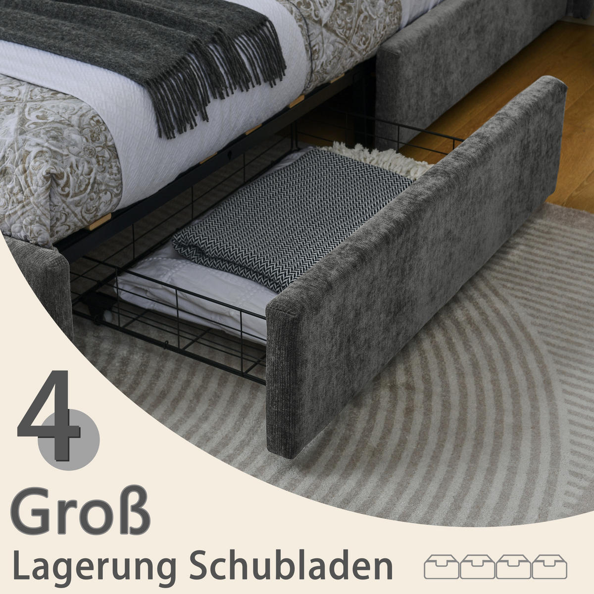 POLSTERBETT 160x200 cm Chenille Schubladen grau - Dunkelgrau, Kunststoff (160/200cm) - LEBENLANG