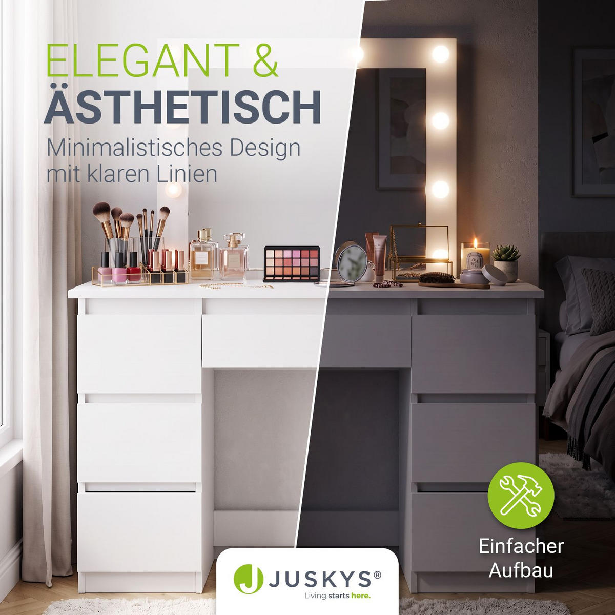 SCHMINKTISCH Talea mit LED (3 Lichtstufen) - Weiß, Holz (110/141/40cm) - Juskys