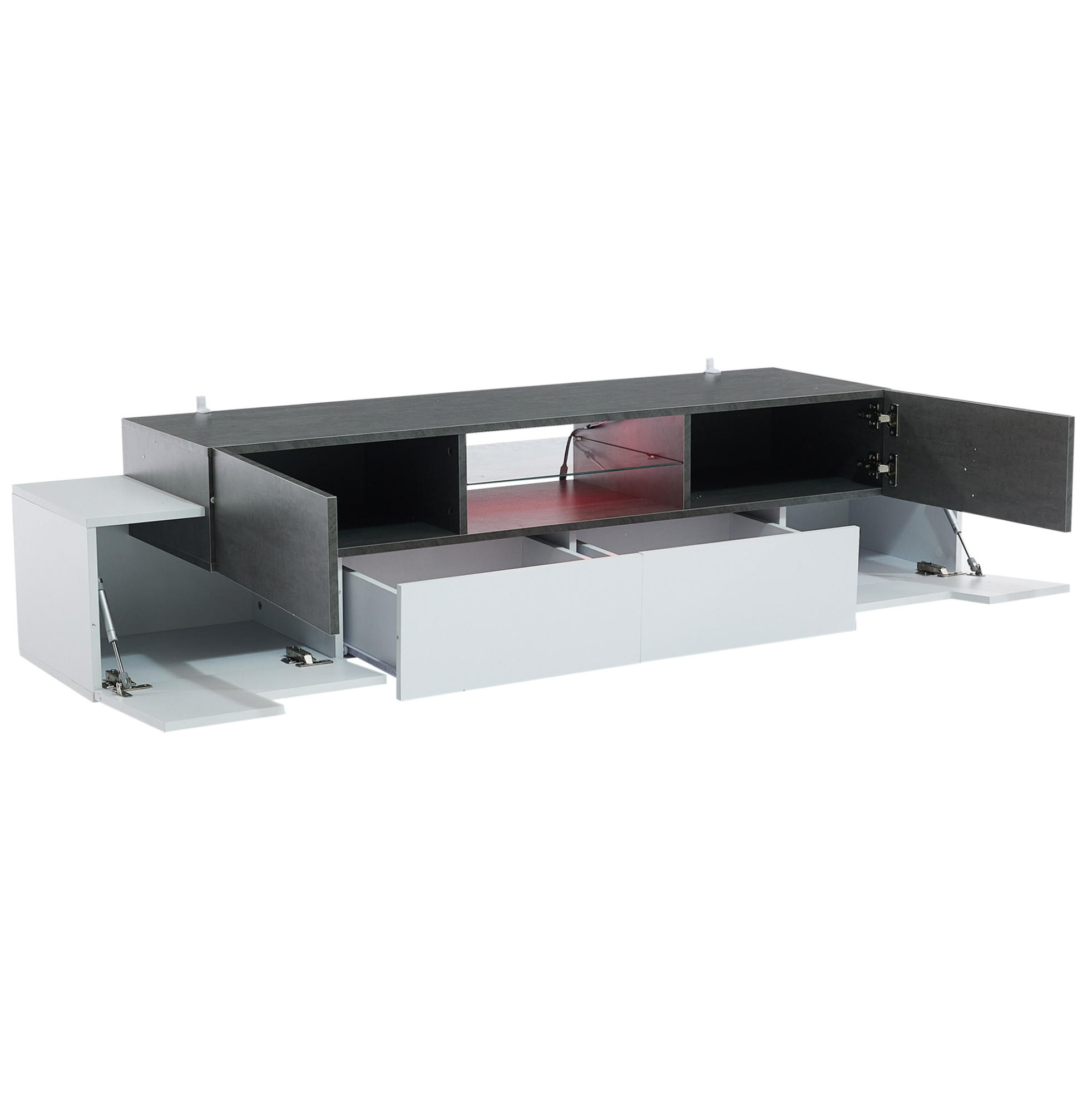 LOWBOARD 180/40/45 cm aus Spanplatte mit LED-Beleuchtung und Glasablagen Weiß/Grau - Weiß, Holzwerkstoff (180/45/40cm) - Modenvie