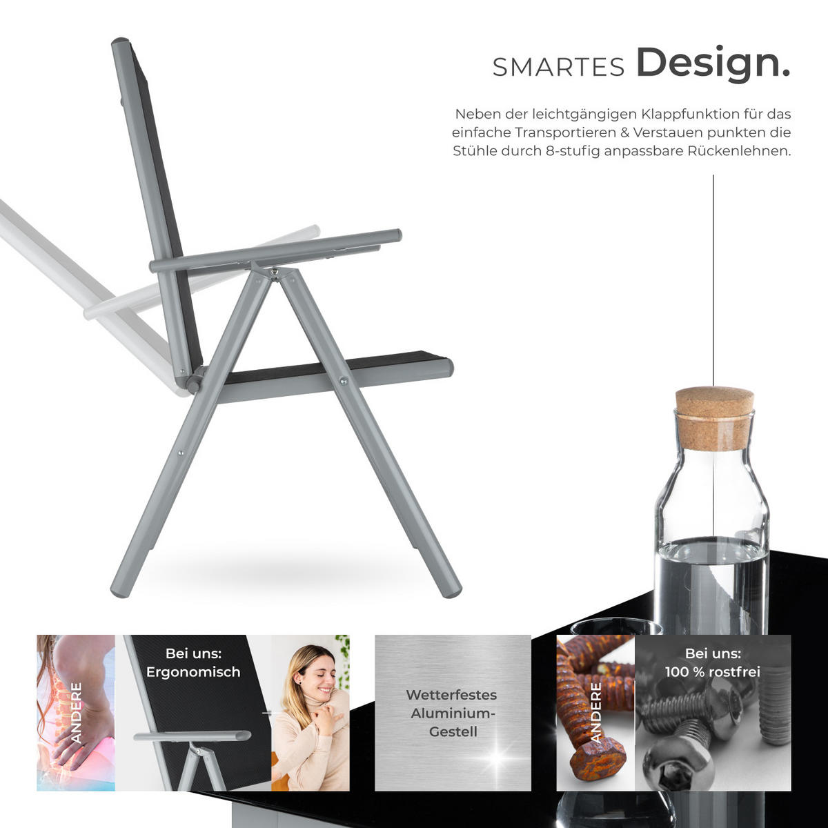 SITZGRUPPE Ercolano,Tisch mit Sicherheitsglasplatten und Ausgleichsschrauben,silber - Silberfarben, Naturmaterialien/Kunststoff - tectake