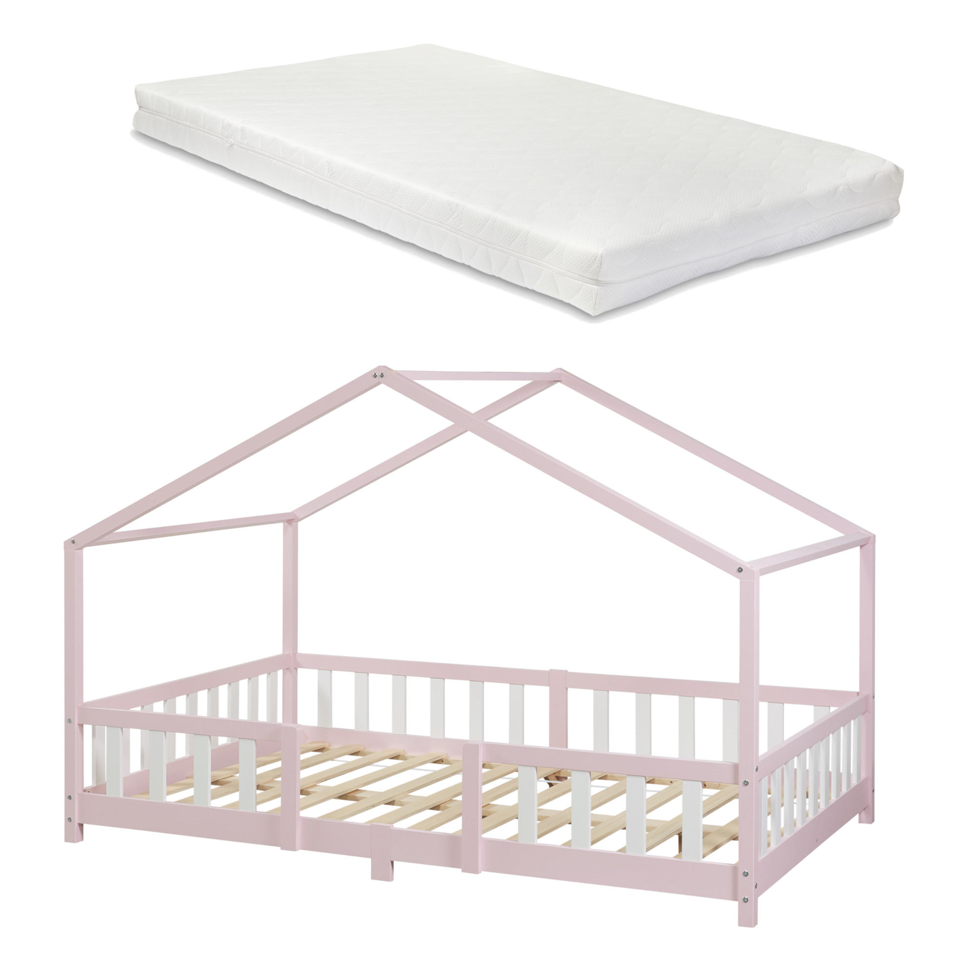 HAUSBETT Treviolo mit Matratze - Hellrosa/Weiß, Holz/Textil (120/200cm) - [en.casa]