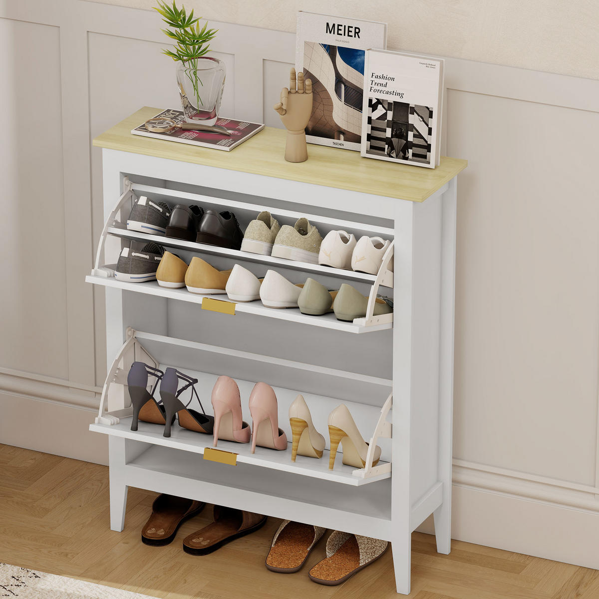 SCHUHSCHRANK DE-15043 2 Klapptüren mit Rattan-Optik für 14 Paar Schuhe Weiß - Weiß, Holzwerkstoff (80/95.5/24cm) - ComfortXL