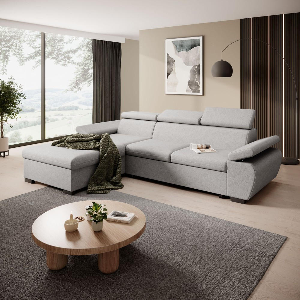 ECKSCHLAFSOFA Coco mit verstellbare Kopfstützen, hellgrau, links - Hellgrau, Textil (273/191cm) - Beautysofa