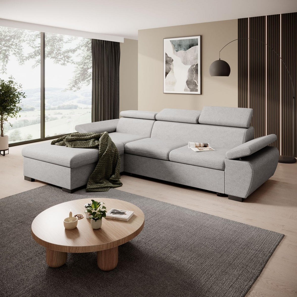 ECKSCHLAFSOFA Coco mit verstellbare Kopfstützen, hellgrau, links - Hellgrau, Textil (273/191cm) - Beautysofa