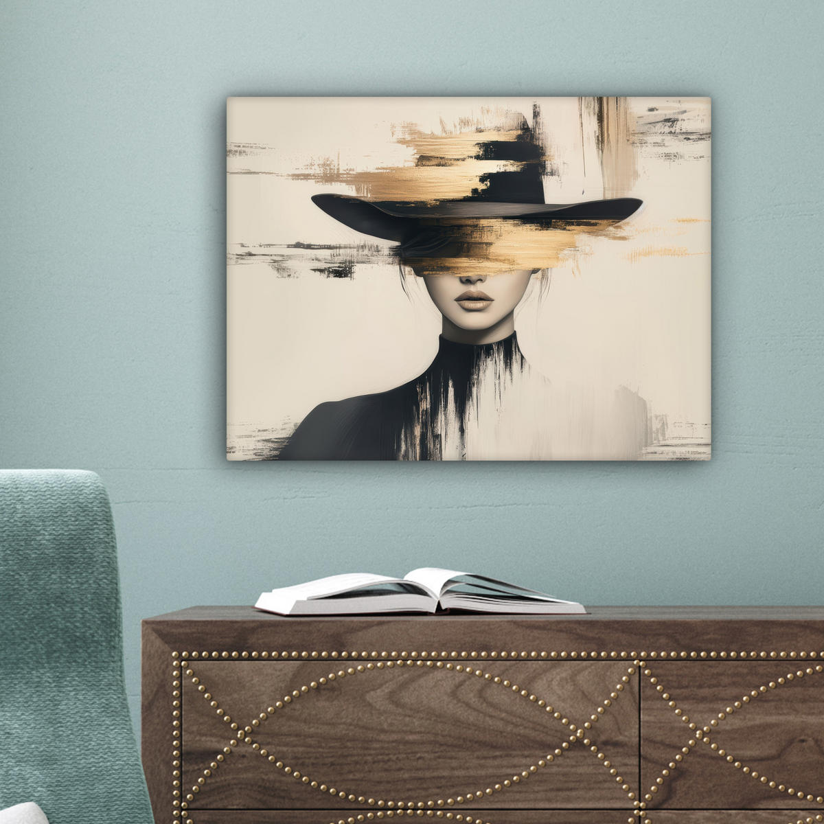 LEINWANDBILD Frau - Hut - Farbe 40x30 cm - Goldfarben, Textil (40/30cm) - MuchoWow