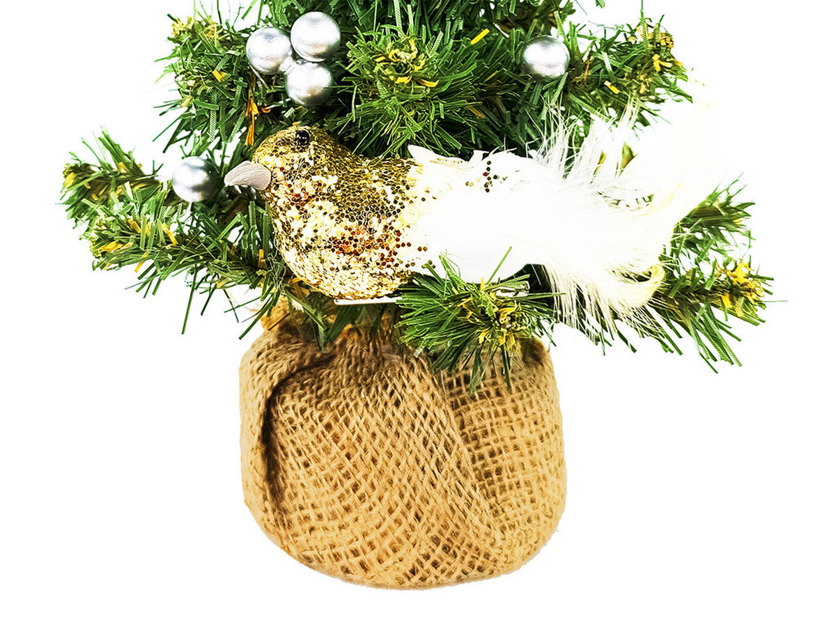 WEIHNACHTSBAUM künstlicher 25 cm, TINY 4, mit 14-teiligem Weihnachtsbaumschmuck, inkl. Metallständer und Aufbewahrungsbox - Champagner/Silberfarben, Kunststoff/Stein (18/25cm) - LAALU