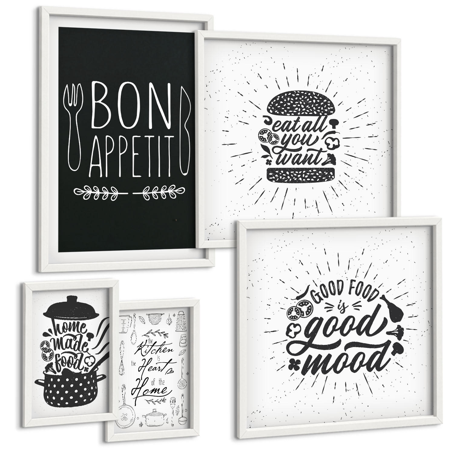 BILDER SET 5er Set - 50x50 cm & 20x30 cm & 40x60 cm Weißer Rahmen - Grafiken, Lebensmittel, kulinarische Slogans - Weiß, Kunststoff (40/60cm) - TULUP