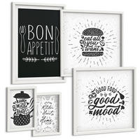 BILDER SET 5er Set - 50x50 cm & 20x30 cm & 40x60 cm Weißer Rahmen - Grafiken, Lebensmittel, kulinarische Slogans - Weiß, Kunststoff (40/60cm) - TULUP