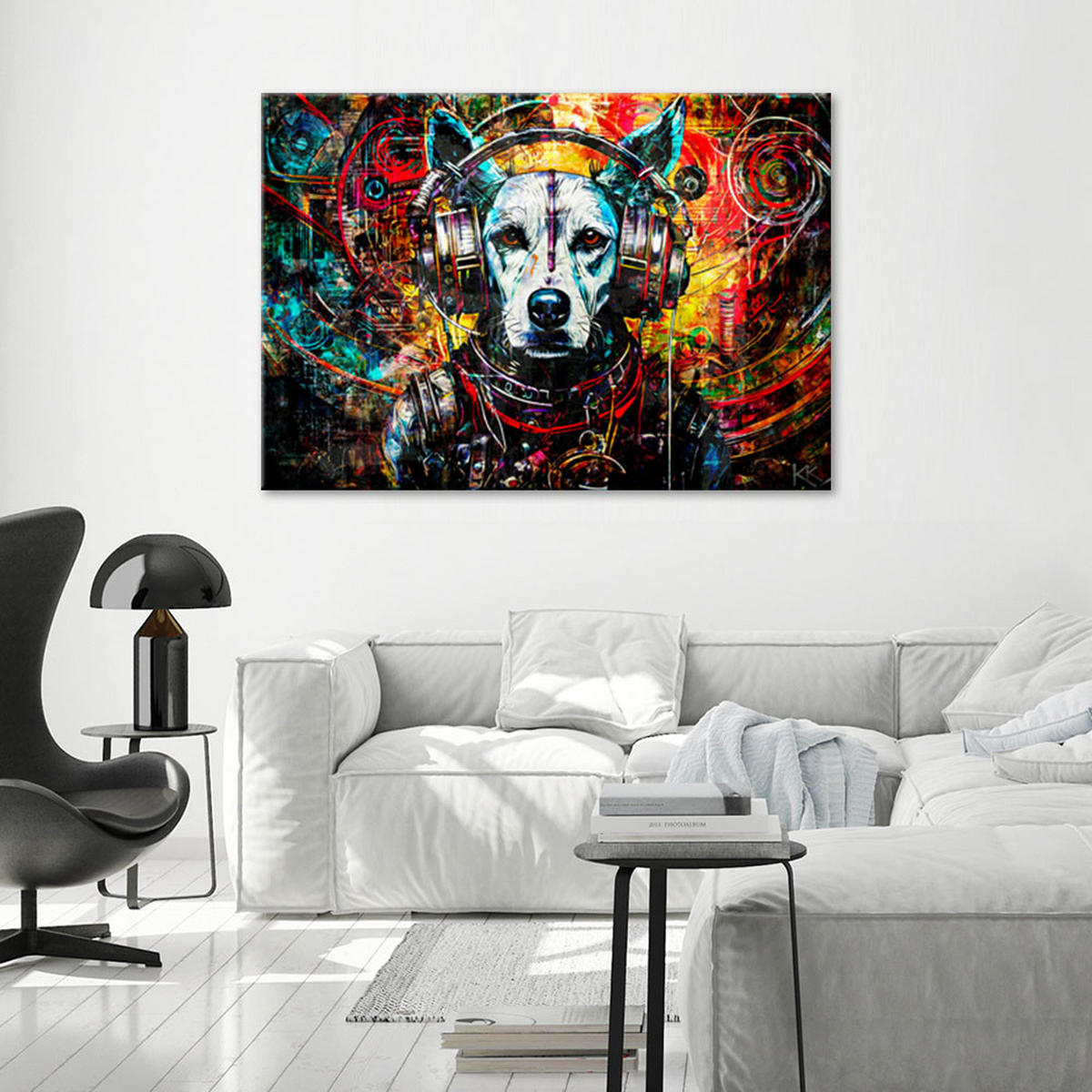 LEINWANDBILD Hund im Kopfhörer 120x80cm - Multicolor, Textil (120/80cm) - Feeby