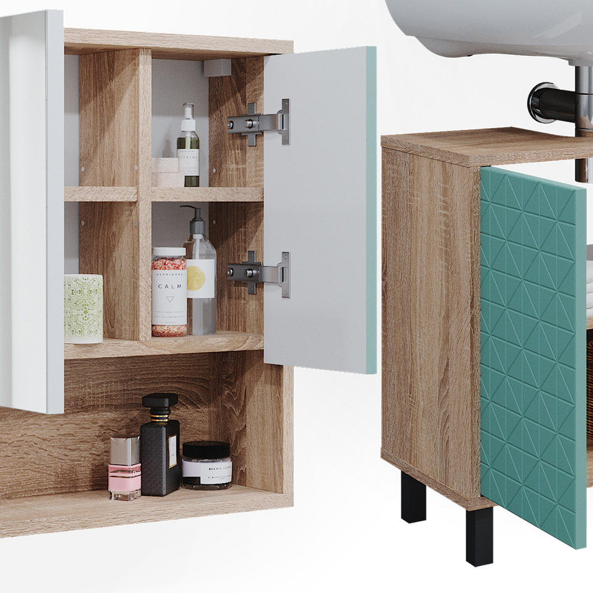BADMÖBEL-SET Agasta Mintgrün 2 Teile - Mintgrün/Sonoma Eiche, Holzwerkstoff (56/57/28cm) - Vicco