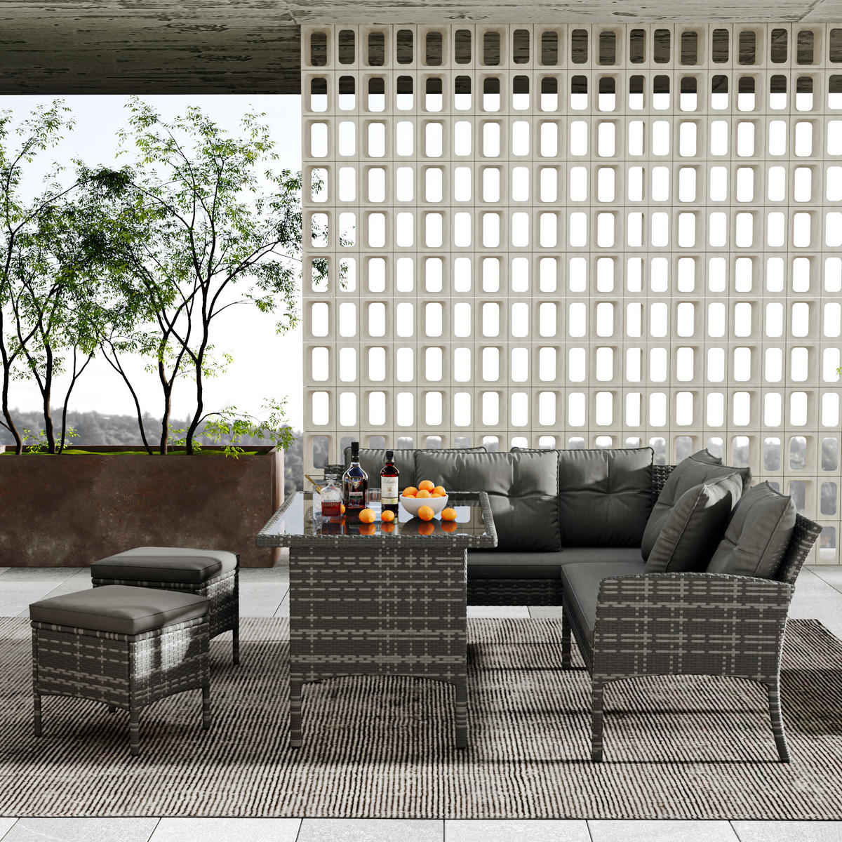 RATTAN Sitzgruppe Gartenlounge für 7 Personen mit Sofa Tisch Hocker Kissen Bezüge abnehmbar und waschbar Grau - Grau, Metall - FLIEKS