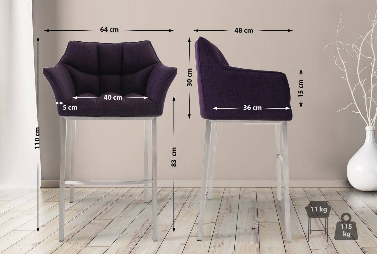 BARHOCKER Stoff lila - Edelstahlfarben/Lila, Textil/Metall (64/110/48cm) - CLP