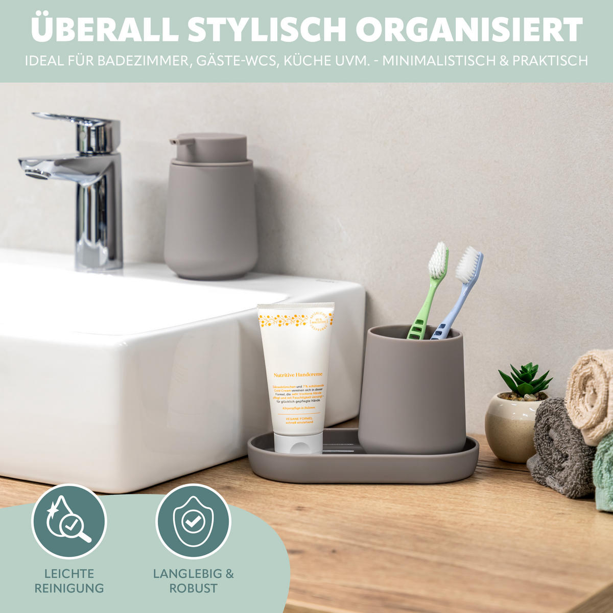 BAD-ACCESSOIRES-SET TESERO, Soft-Touch, taupe - Taupe, Kunststoff (18.5/13.5/10cm) - eluno