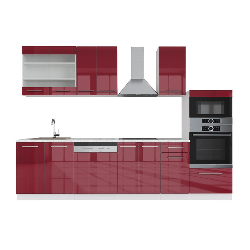 KÜCHENZEILE Fame-Line Bordeaux Hochglanz/Weiß 300 cm mit Hochschrank, ohne Arbeitsplatte - Bordeaux/Weiß, Holzwerkstoff (300/81.6/46cm) - Vicco