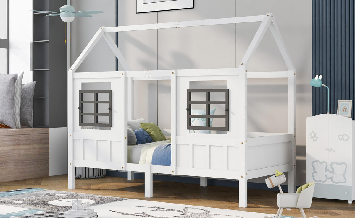 HAUSBETT aus Kiefer und MDF 200x90 cm Weiß mit 2 Schubladen, Fenstern und Hausdach - Weiß, Holzwerkstoff (90/200cm) - Modfu