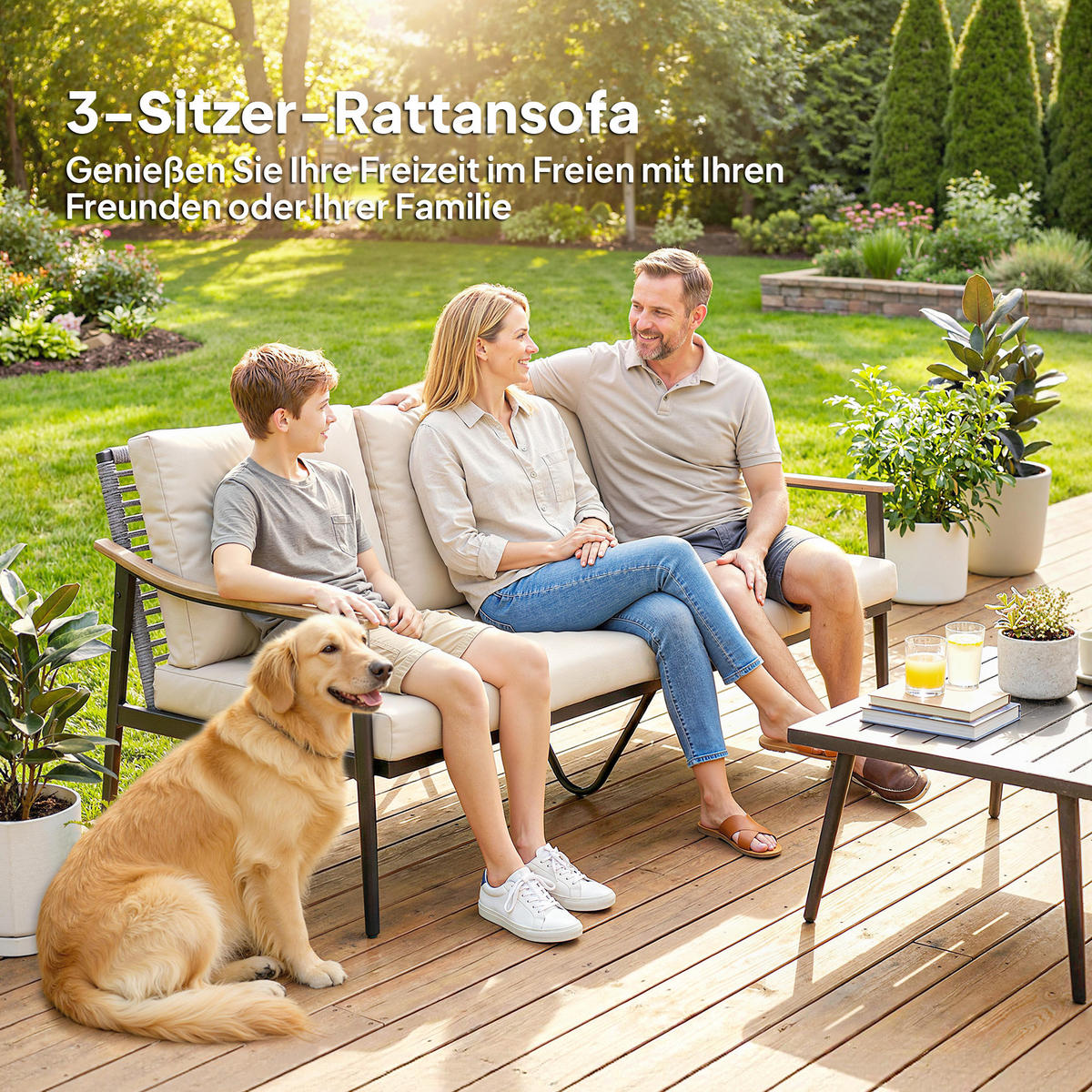GARTENSOFA 3-Sitzer DE-06775 mit abnehmbaren Kissen Khaki - Taupe, Kunststoff/Metall (75/78/176cm) - ComfortXL