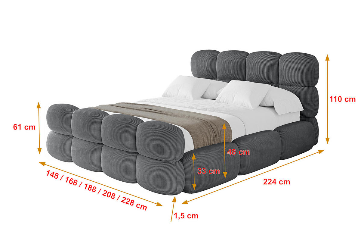 POLSTERBETT mit Bettkasten, Fußteil und Lattenrost, Bett mit Matratze H3/H4 - NOMA-Z 200x200 Dunkelgrau - Anthrazit, Holzwerkstoff/Textil (200/200cm) - ALTDECOR