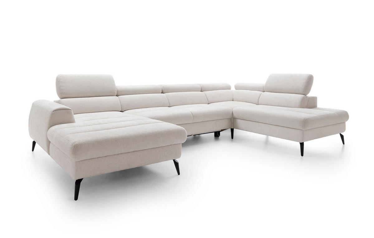 WOHNLANDSCHAFT NOTE Creme Chenille mit Schlaffunktion - Creme, Holz (345/93/257cm) - MASSENO