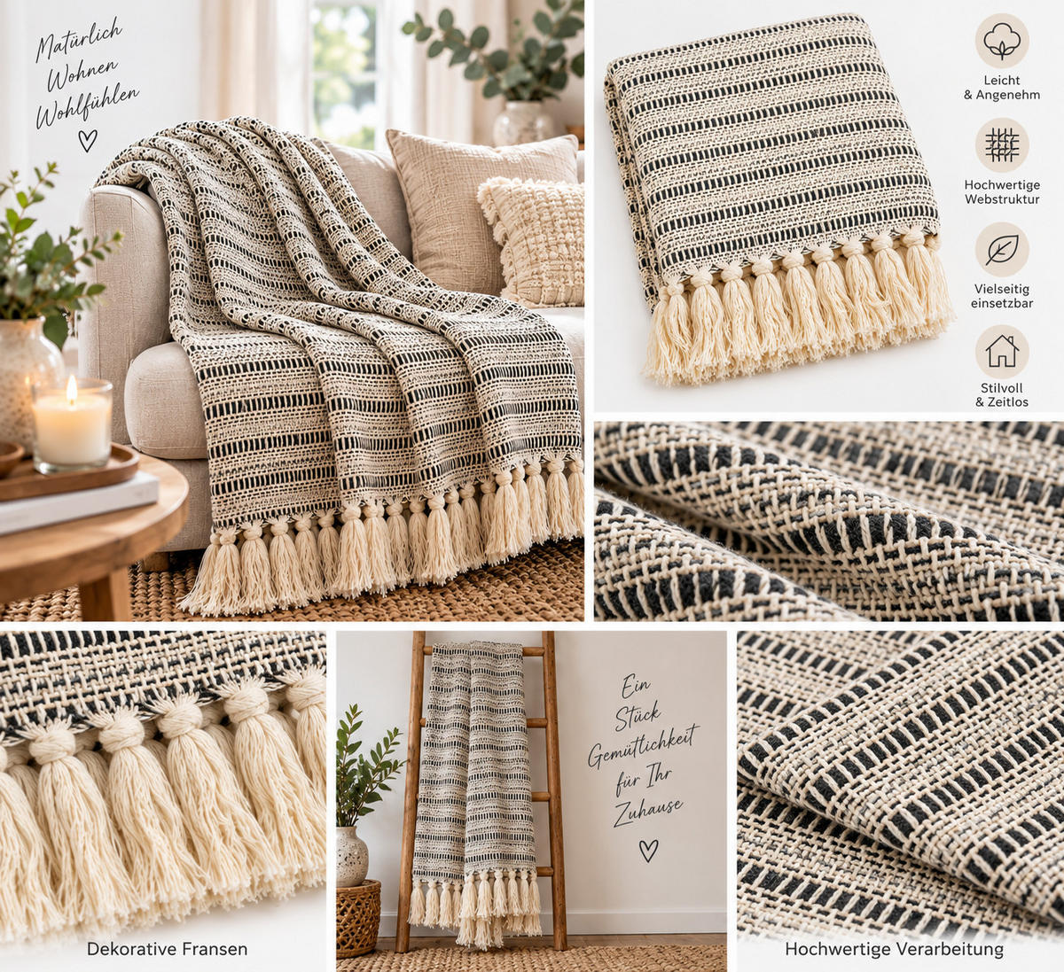 DECKE Linien 130x180 cm, 100% Baumwolle, Grau - Grau, Textil (180/180cm) - Au Maison