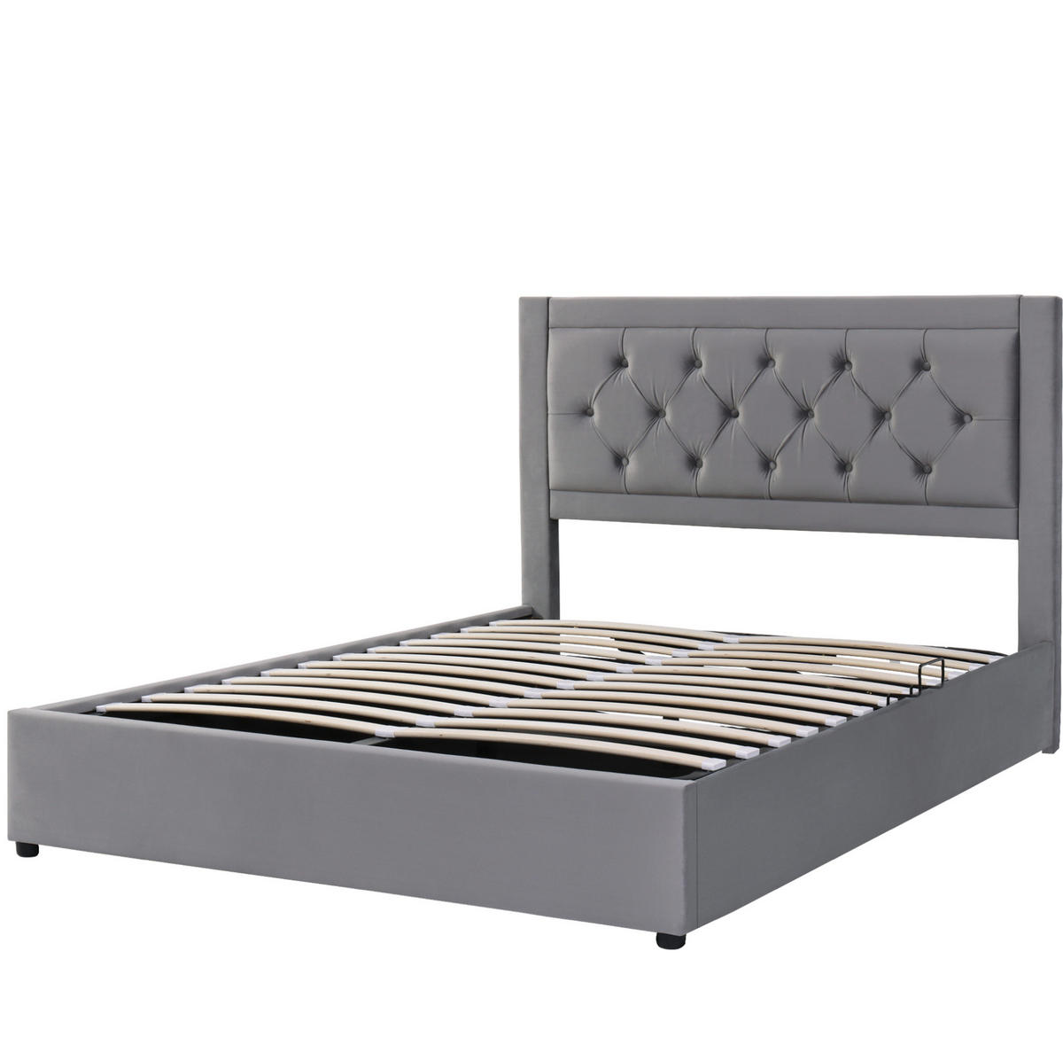 POLSTERBETT 140/200 cm Grau aus Samt mit Stauraum und Chesterfield-Kopfteil - Grau, Metall (140/200cm) - Flora Grace