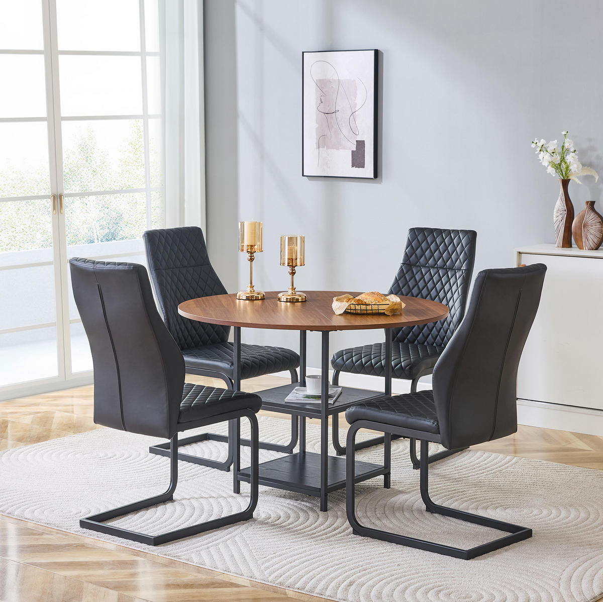ESSTISCH-SET 5-tlg. 107 cm Schwarz/Nussbaum - Schwarz, Metall (107/75/107cm) - Meubliv