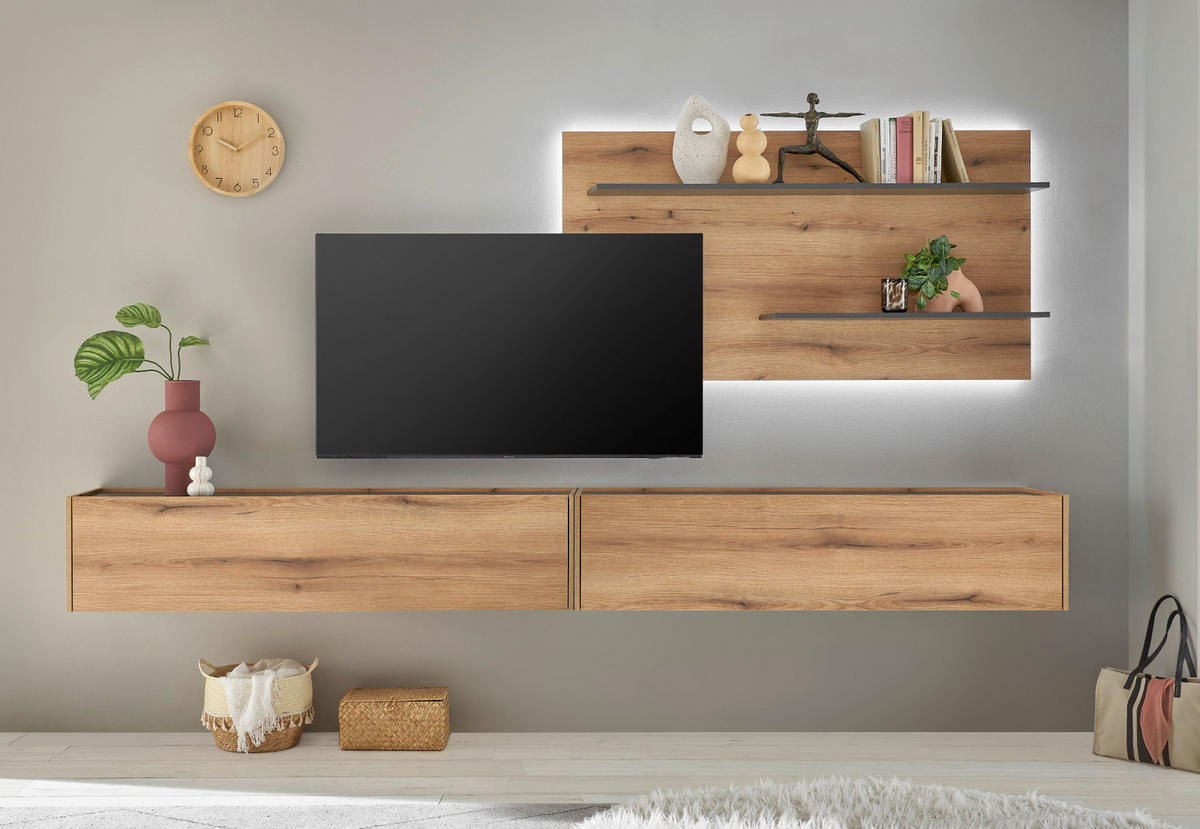 TV-LOWBOARD Evoke Eiche, grau 150 cm, TV- Unterteil hängend - Eichefarben/Naturfarben, Holz/Holzwerkstoff (150/35/30cm) - Furn.Design