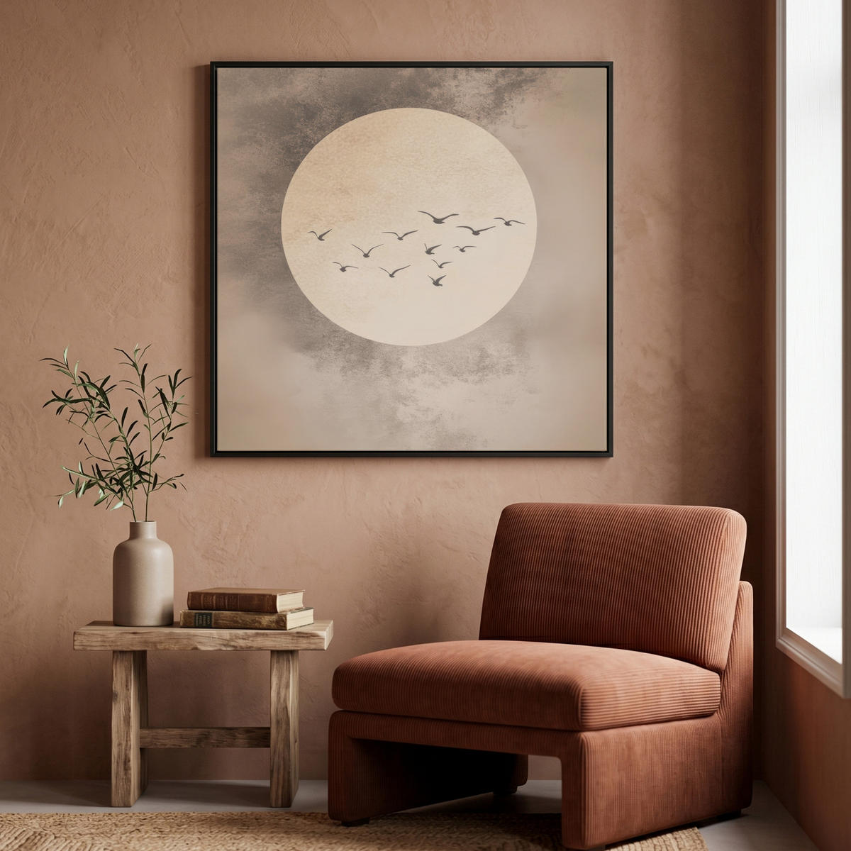 LEINWAND Bilder mit Rahmen - Vogel - Beige - Japanisch - 90x90 - Taupe, Textil (90/90cm) - MuchoWow