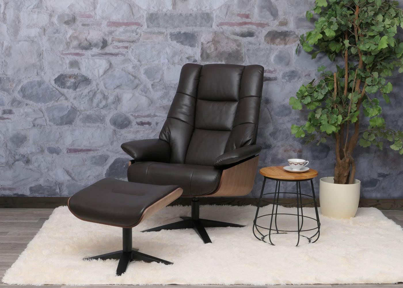 RELAXSESSEL + HOCKER Braun - Braun, Leder (81/105/106cm) - MCW