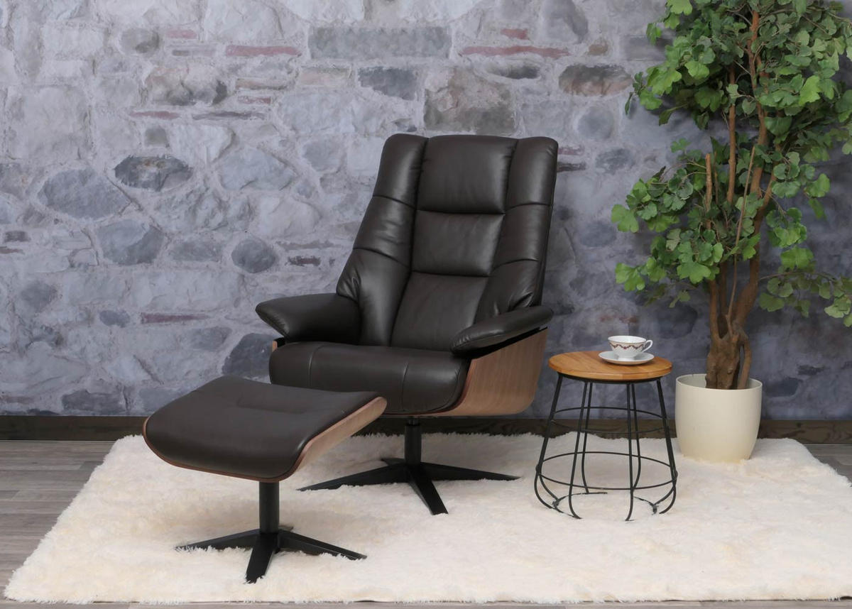 RELAXSESSEL + HOCKER Braun - Braun, Leder (81/105/106cm) - MCW