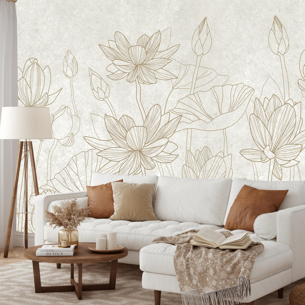 FOTOTAPETE für Wohnzimmer Linienzeichnung Blumen Pflanzen Natur 100x70 - Beige, Papier (100/70cm) - Muralo