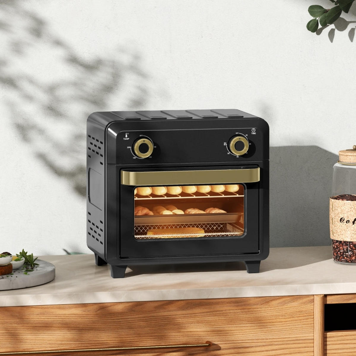 MINIBACKOFEN 10L mit Umluft & Heißluftfritteuse, Mini Ofen mit Timer, Innenbeleuchtung und mehreren Funktionen, Schwarz - Schwarz, Metall (32/29.8/27.2cm) - Beaface
