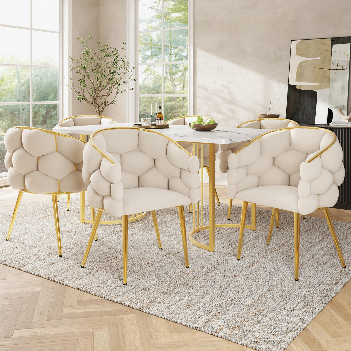 ESSTISCHSET 7-Teilig 140x80 Cm Mit 6 Stühlen, Marmor, Gold - Multicolor, Metall (140/75/80cm) - FLIEKS