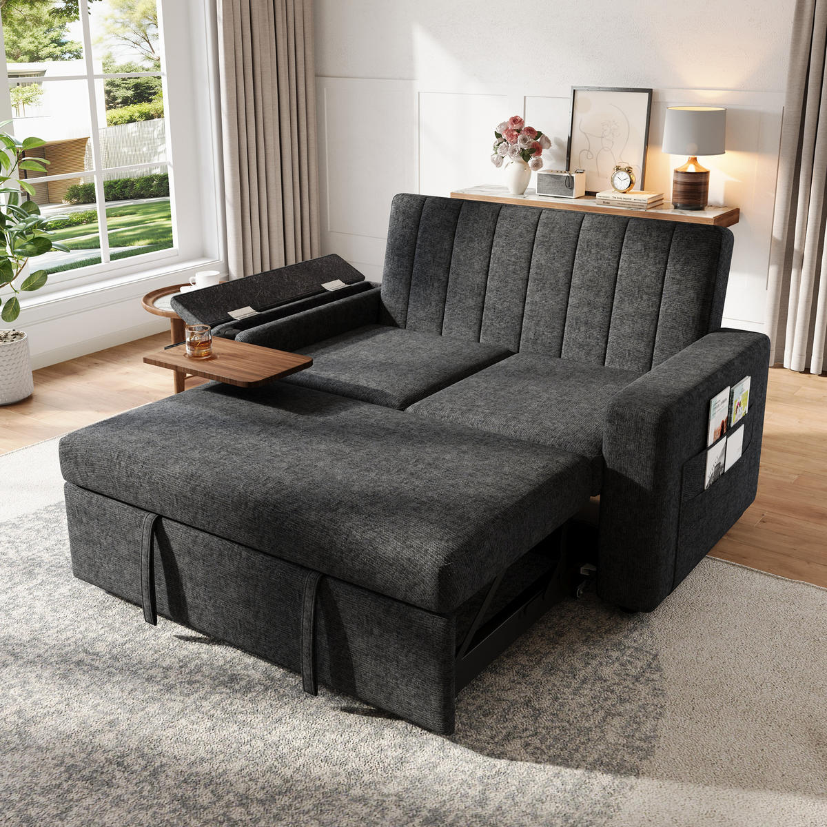 SCHLAFSOFA 140/84.5/84 cm Grau mit Klapptablett, USB & Type-C Ladeanschluss, Seitentaschen und Rollen - Grau, Textil (140/84/84.5cm) - Oxeza
