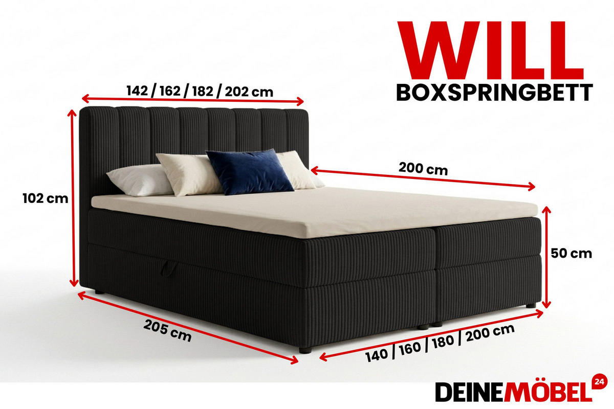 BOXBETT WILL 160/200 in Cord Schwarz H3 - Schwarz, Holz/Holzwerkstoff (160/200cm) - Deine Möbel 24