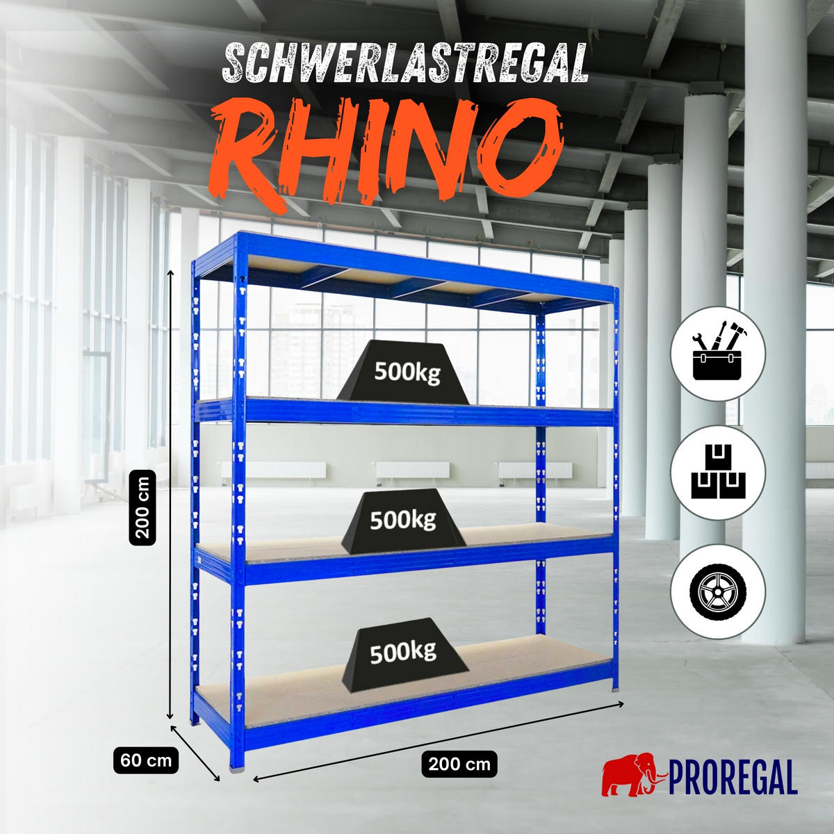 SCHWERLASTREGAL Rhino 200x200x60 cm 4 Spanplatten-Ebenen 16mm Fachlast 500 kg Blau - Blau, Metall (200/200/60cm) - PROREGAL