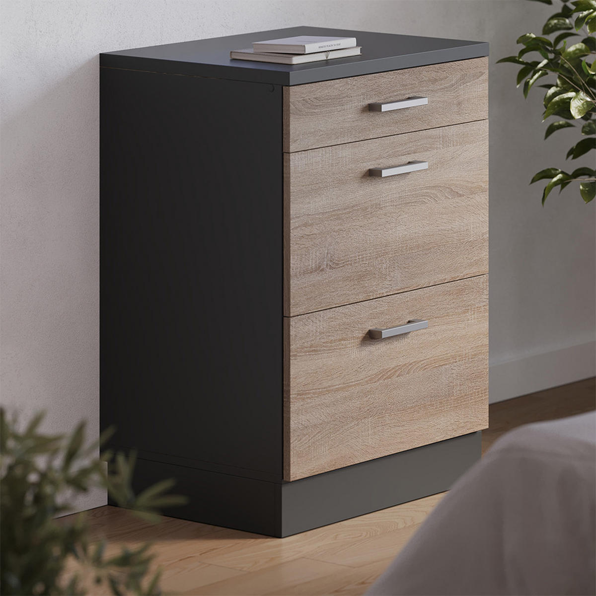 KUHINJSKA OMARA ZA POŠEVNE STREHE R-Line, Sonoma, 60 cm brez naklona z 3 predaloma - hrast sonoma/antracit, leseni material (60/83.8/46cm) - Vicco