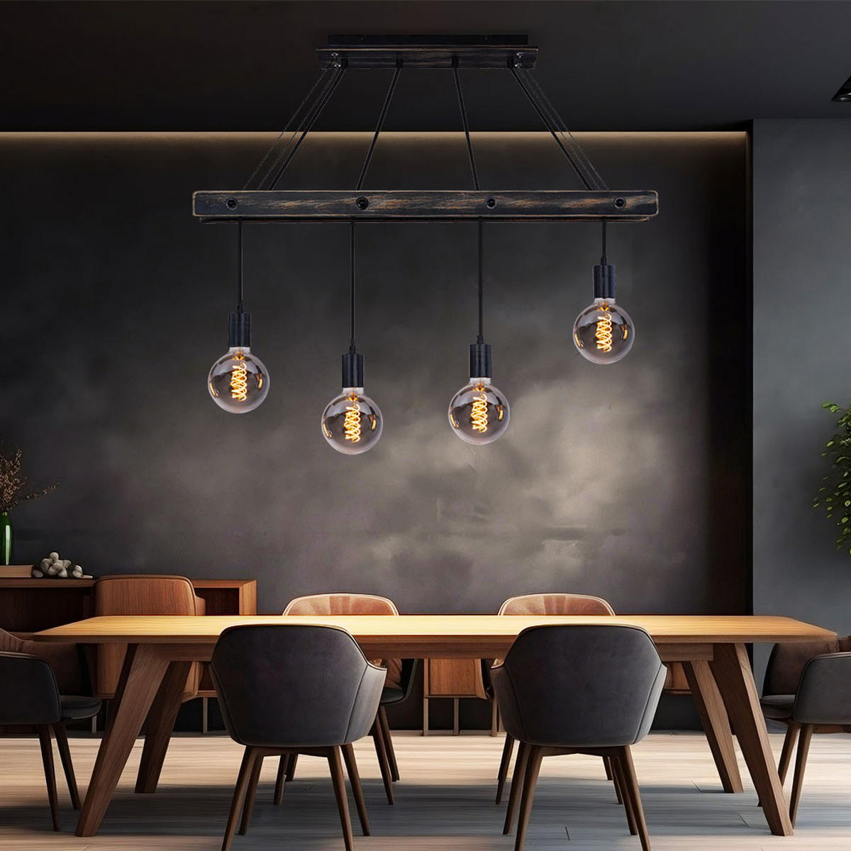 HÄNGELEUCHTE Metall Holz Schwarz matt - Schwarz, Holz (90/9/120cm) - Globo Lighting