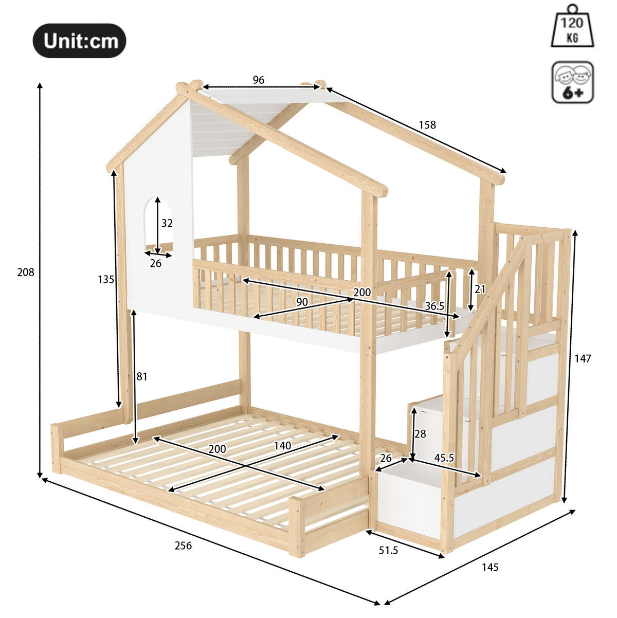 ETAGENBETT 90/200 cm Natur-Weiß aus Kiefer mit Stauraumtreppe Hausoptik - Naturfarben, Holzwerkstoff (90/200cm) - OKWISH