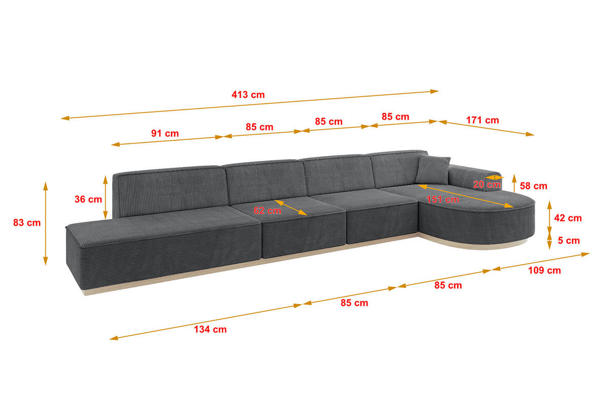 ECKSOFA Ottomane Rechts ARRIO-L3 - 413x171x83 cm Dunkelgrau - Dunkelgrau, Holzwerkstoff/Textil (413/171cm) - ALTDECOR