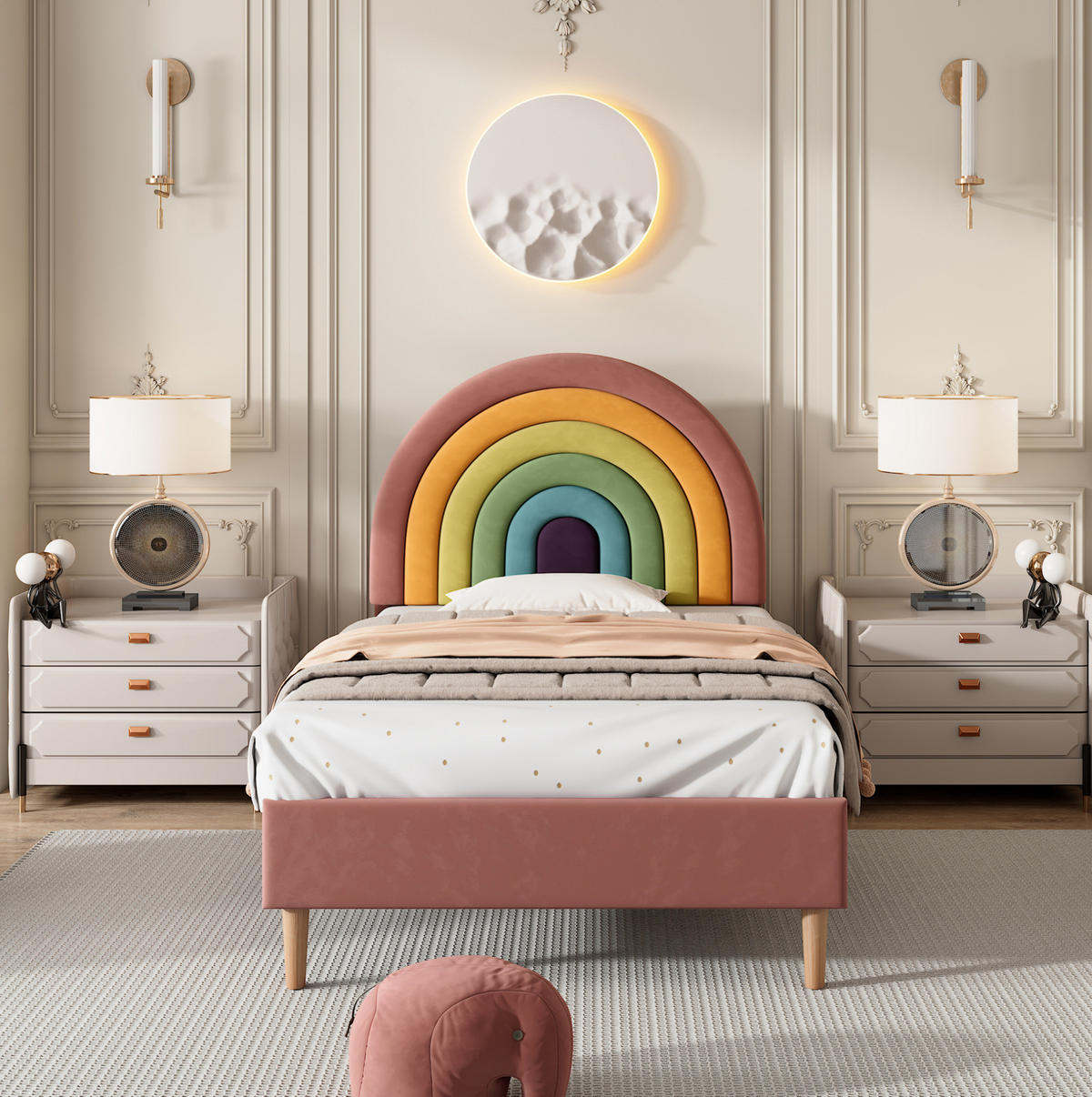 POLSTERBETT 90/200 cm mit Lattenrost, höhenverstellbarem Kopfteil und Regenbogen-Design aus Samt, Pink - Rosa, Textil (90/200cm) - Redom