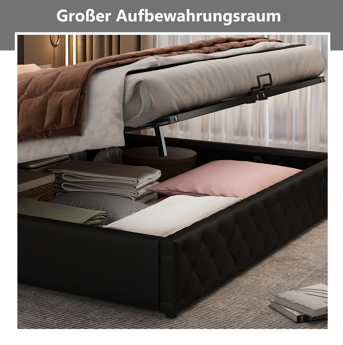 POLSTERBETT 140/200 cm schwarz aus PU mit Bettkasten und LED-Beleuchtung - Schwarz, Kunststoff (140/200cm) - OKMYHOME