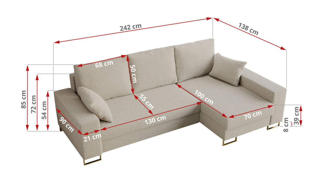 ECKSOFA Dorian Boucle Beige - Beige/Goldfarben, Textil/Metall (242/138cm) - MKS