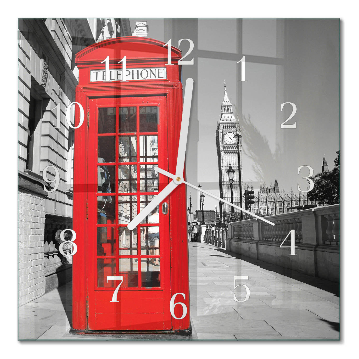 WANDUHR 30x30 cm - Rote Telefonzelle - Rot, Glas (30/30/0.4cm) - TULUP