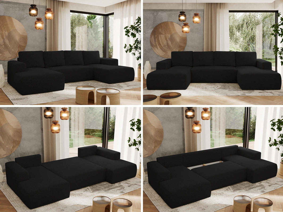 WOHNLANDSCHAFT TRENTINO U Schwarz Boucle - Schwarz, Textil (334/91/163cm) - MKS