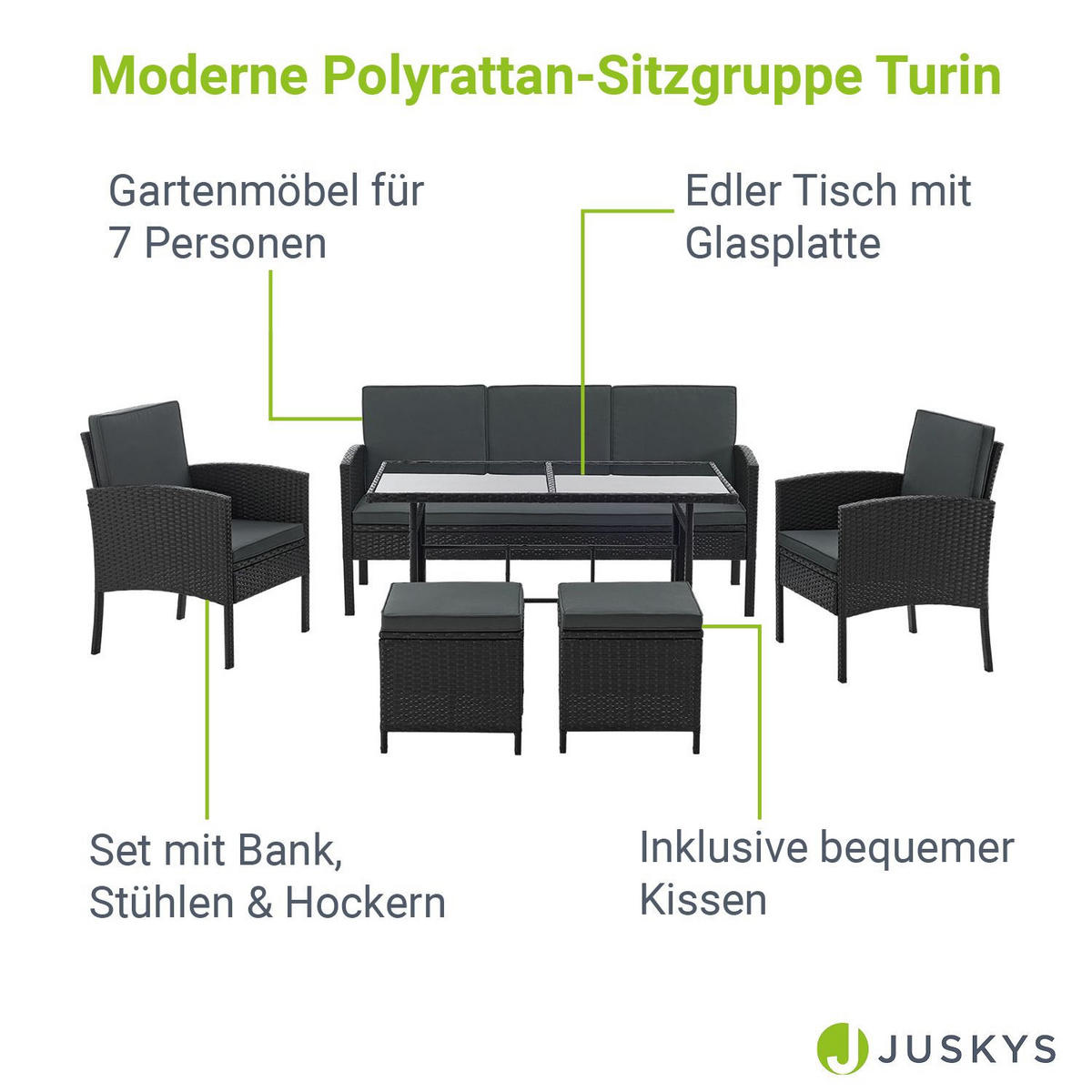 SITZGRUPPE Turin schwarz Polyrattan - Schwarz, Kunststoff - Juskys
