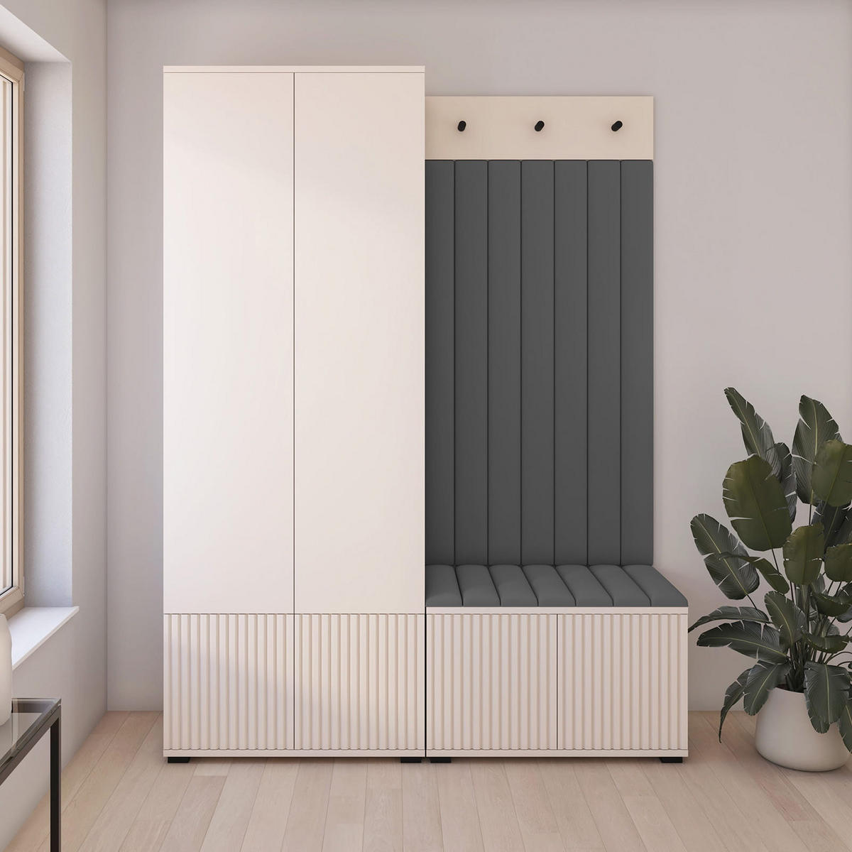 GARDEROBE Ritmo version 1 mit POLSTERPANEELEN DUNKELGRAU - Dunkelgrau/Beige, Holzwerkstoff (140/185/40cm) - Jerpax