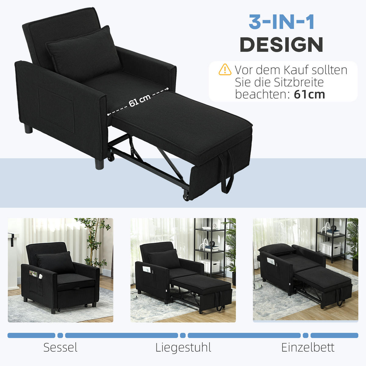 3-IN-1 Schlafsessel, Klappbett mit Bettfunktion, Lendenkissen für Wohnzimmer - Schwarz, Kunststoff (74/81/84cm) - HOMCOM