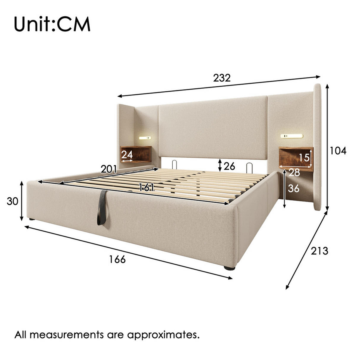 POLSTERBETT 160x200cm Doppelbett mit Nachttisch Leselampe & USB-C Beige - Beige, Holz - FLIEKS