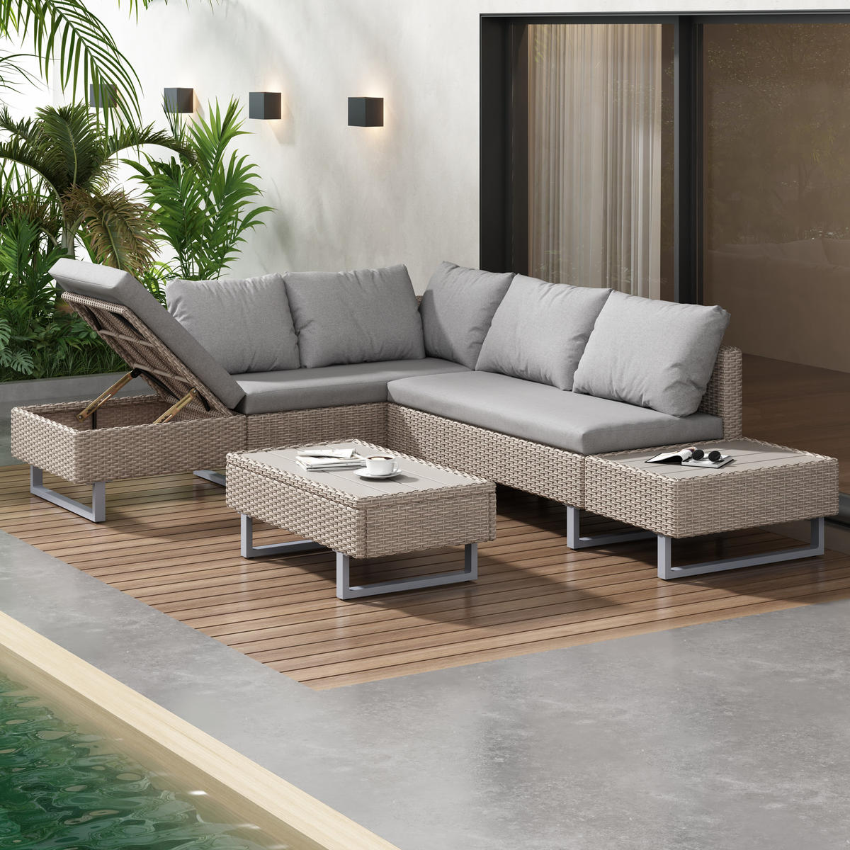 LOUNGESET 4-5 Personen Khaki Poly Rattan Mit Abnehmbarem Bezug - Hellbraun, Metall - FLIEKS