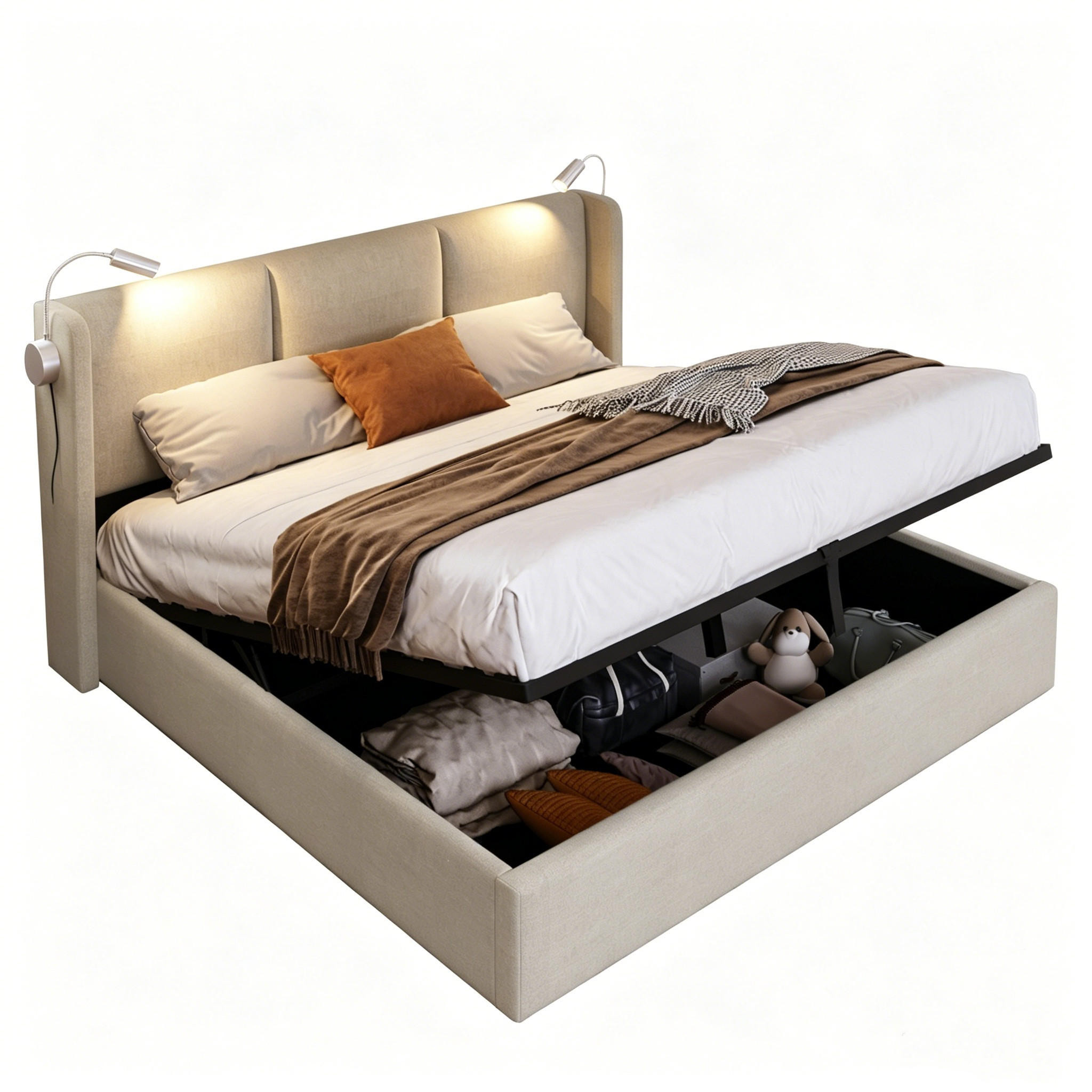 POLSTERBETT Doppelbett mit Stauraum,Bettkasten,USB-Ladefunktion - Beige, Holz/Textil (160/200cm) - PARAFTA HOME
